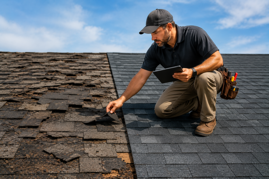 memphis roofing contractor inspecting roof-repair vs replacement