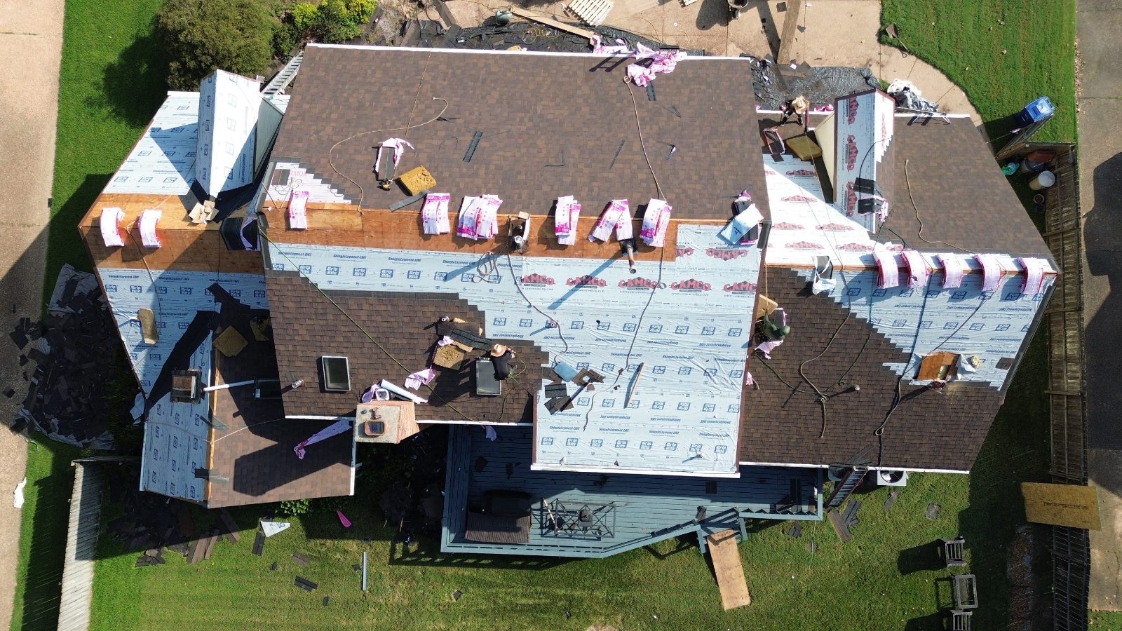Drone view of synthetic underlayment on a Germantown TN roof replacement